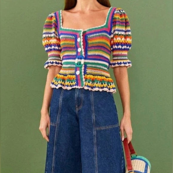 Farm Rio Multi Stitches Crochet Blouse Small - Picture 3 of 10